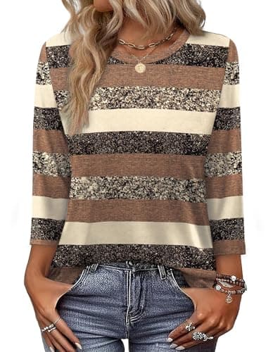 OFEEFAN Chocolate Brown Fall Clothes 3/4 Length Sleeve Womens Tops Fall Fashion Must Haves Striped Shirt Blouses Dressy Brown Stripes M