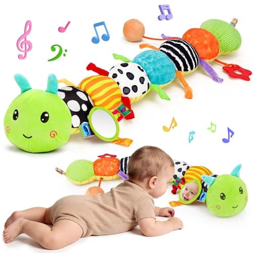 Topsochir Baby Sensory Toys 0-6 Months Music Animal Stuffed Plush Caterpillar Toy for Infant 0-3-6-12 Month Old Tummy Time with Mirror Crinkle Rattle Toys for Newborn Boys Girls Shower Birthday Gifts