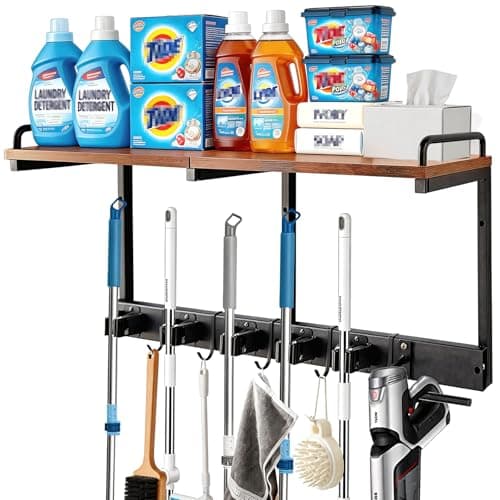 Broom Holder Wall Mount With Cleaning Supplies Organizer Shelf Broom And Mop Organizer Wall Hanging With Vacuum Holder Wall Mount, Wall Mounted Broom Hanger Utility Racks For Home Garage Laundry Room