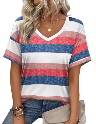 Zeagoo Womens Tops Dressy Casual Summer Short Sleeve V Neck Striped Cotton Tunic Blouse Floral Clothes Red Blue M
