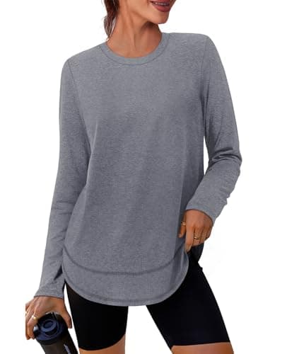 Workout Tops for Women Long Sleeve Uv Sun Protection UPF Clothing Rash Guard Moisture Wicking Pilates Outfits Tunics to Wear with Leggings Grey Fall Winter L