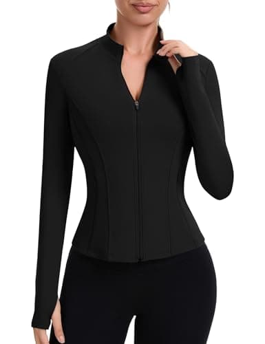 ZHENWEI Long Sleeve Cropped Workout Tops for Women Athletic Full Zip Up Jackets Lightweight Track Activewear (Black, L)