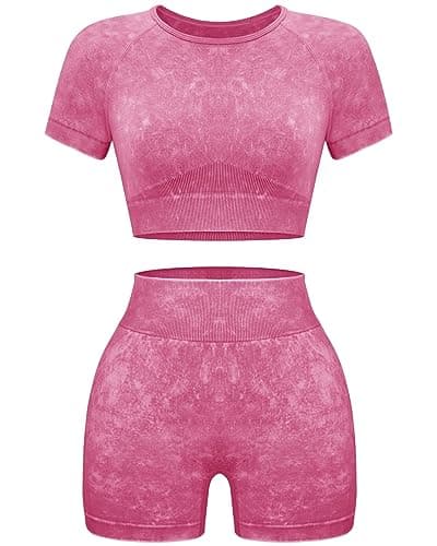 OLCHEE Womens Workout Sets 2 Piece - Seamless Acid Wash Yoga Outfits Leggings Shorts and Crop Top Matching Gym Activewear Athletic Clothing Set - Pink Medium